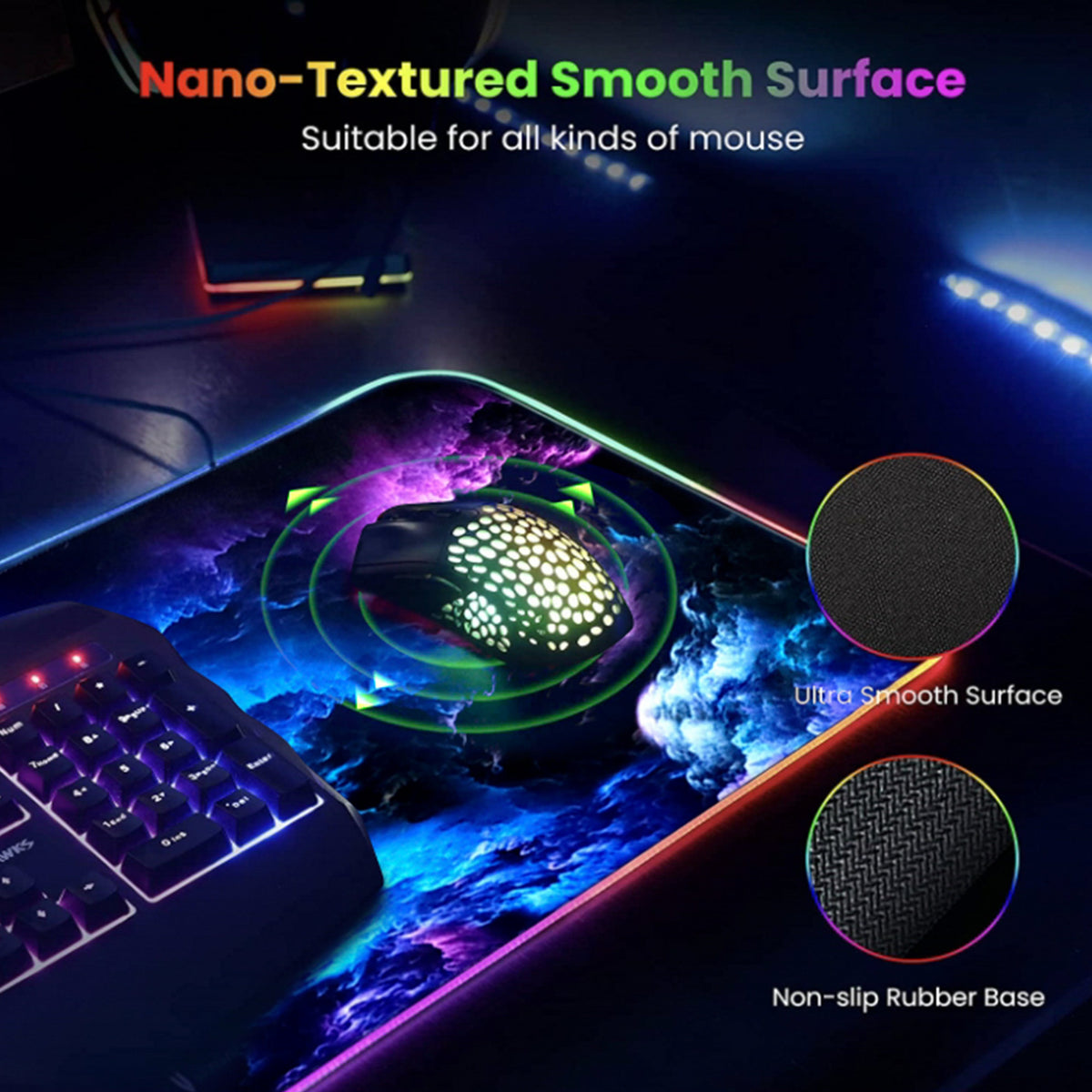 Gerlos RGB Gaming Mouse Pad 12 Lighting Modes Large Extended Computer Mouse Pad, Anti-Slip Rubber Base, Computer Led Mouse Pad 31.5×11.8 Inch