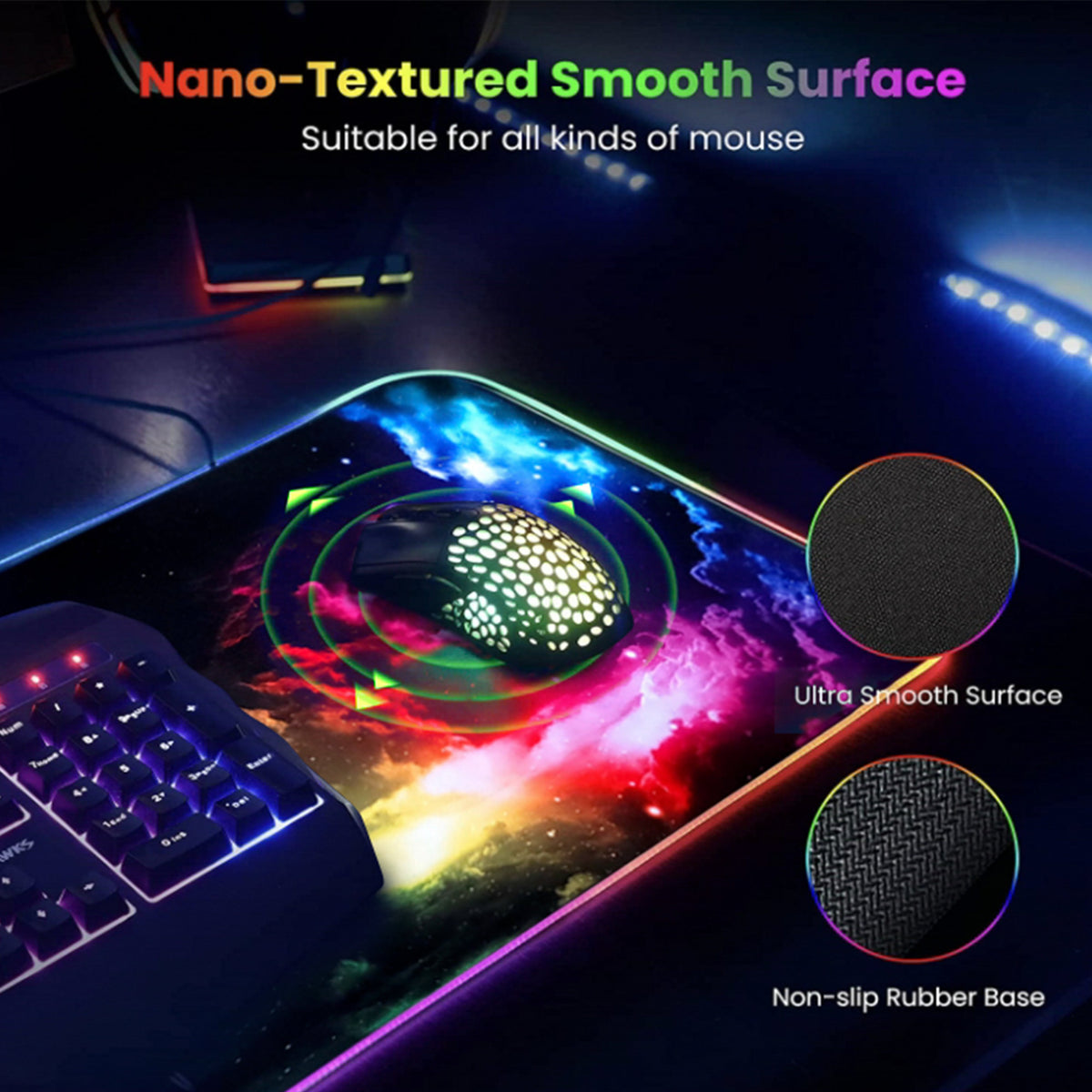 Gerlos RGB Gaming Mouse Pad 12 Lighting Modes Large Extended Computer Mouse Pad, Anti-Slip Rubber Base, Computer Led Mouse Pad 31.5×11.8 Inch